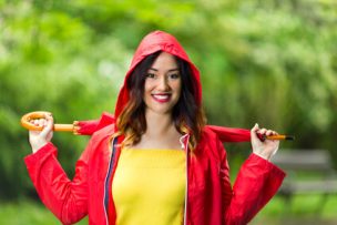 woman in hooded red raincoat